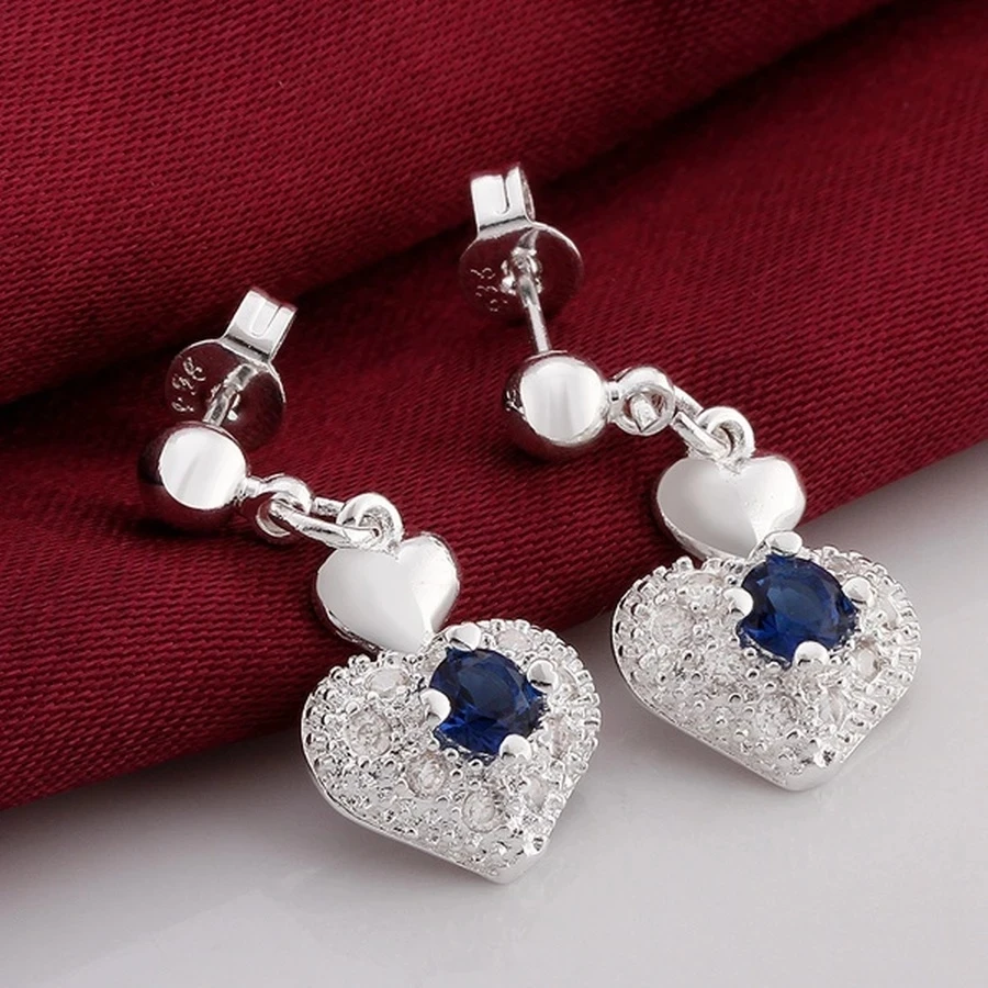 Hot Luxury blue Zircon romantic heart stud Earrings 925 Sterling Silver Jewelry for Women elegant wedding party Holiday gift