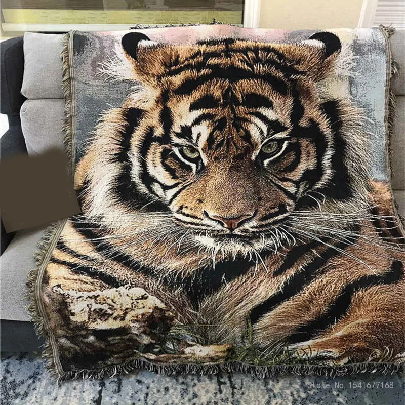 American National Retro Cartoon Tiger Pattern Cushion Cover Sand Release Cover, Four Seasons Universal Embroidery Ethnic Blanket