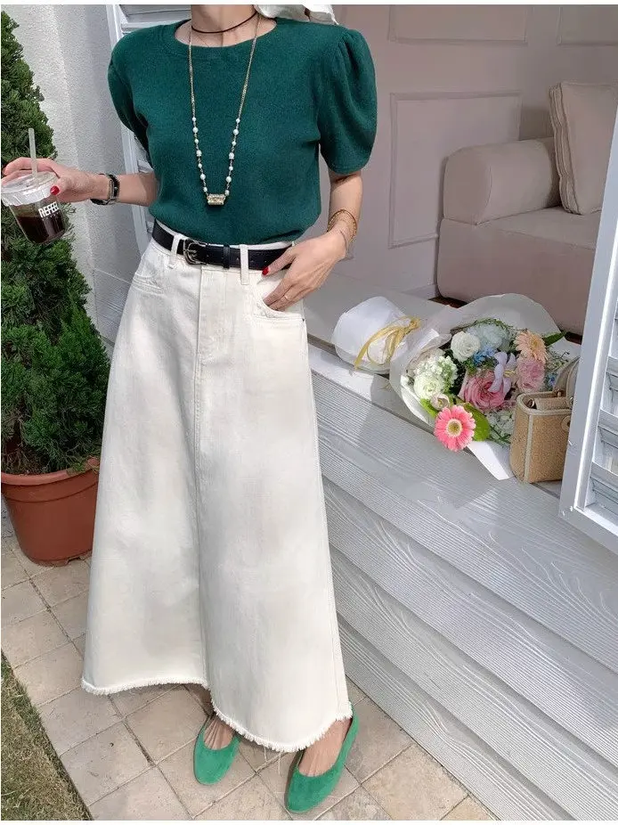 Taille haute a-ligne Fi queue jupe femme Denim jupe Midi avec ourlet effiloché trajet Sle été Faion grande taille