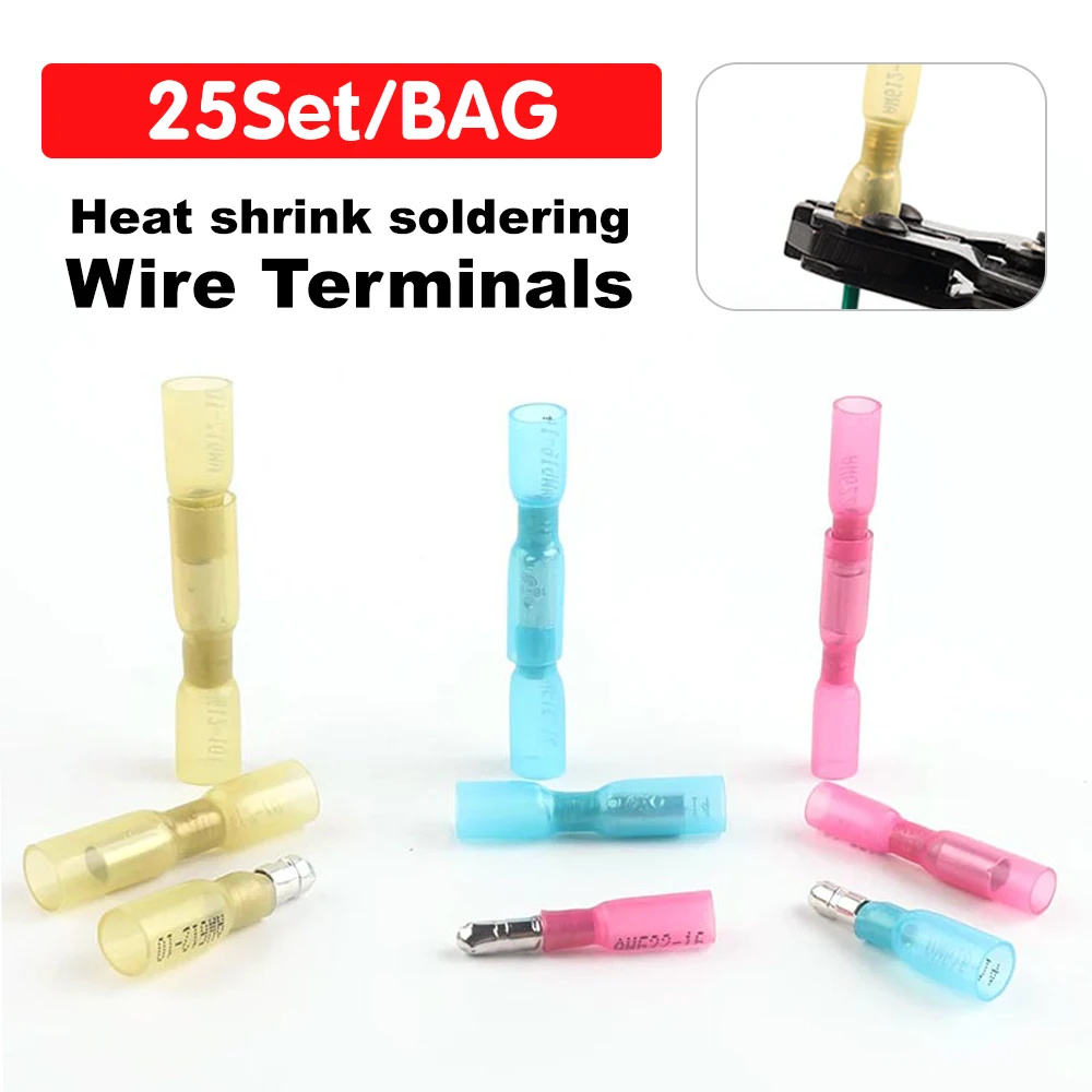 25Set Electrical Cable Crimp Terminals Isolated Bullet Wire Connectors Heat Shrink Butt Splice Wiring Terminal Accessories