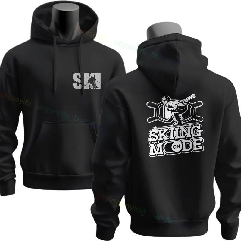 Funny Men'S Skiing Mode on Graphic Design Hoodie Long Sleeve Pullover Sportswear for Fall & Winter Outdoor Clothing