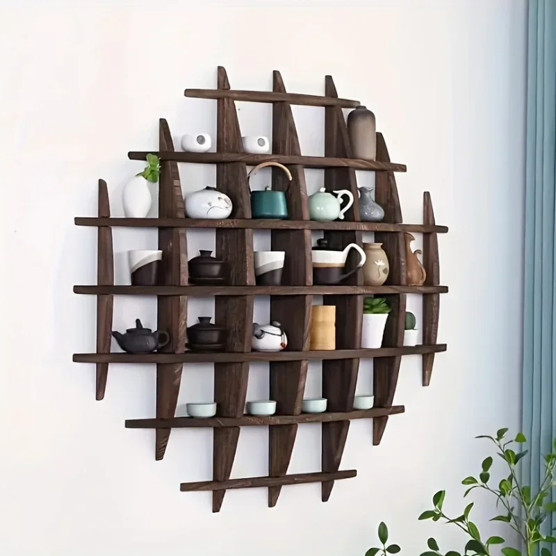 حامل أكواب الشاي الصيني من الخشب الصلب، حامل عرض إبريق الشاي المثبت على الحائط، تخزين رف أدوات الشاي لتزيين الحائط لغرفة المعيشة #1