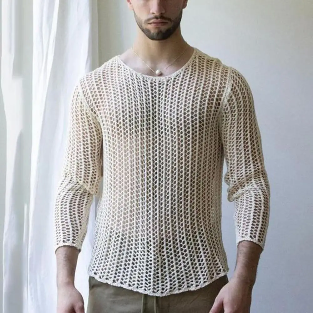 Knitted Mesh Top Machine Washable Round Neck Polyester Men Knitted Mesh Top Male Bottoming Shirt Men Mesh Top Decorative