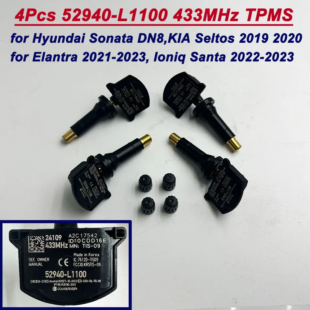 4PCS 433MHz Tire Pressure Sensor 52940L1100 52940-L1100 for 2019-2023 Kia Sedona Optima Sorento K5 Hyundai Elantra Tucson Sonata