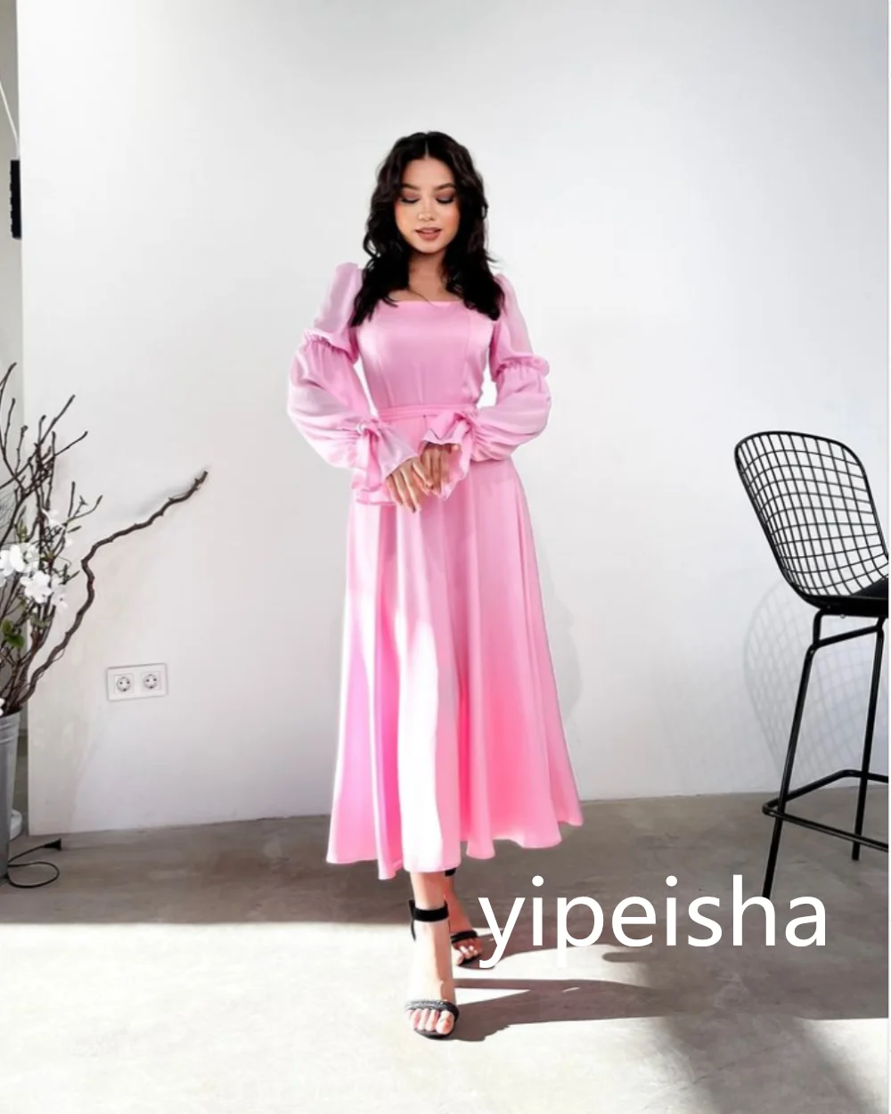 Customized Square Neck Draped Tea-Length Prom Gowns  A-line Satin Evening Dresses Pink Party Dresses فساتين للمناسبات الخاصة