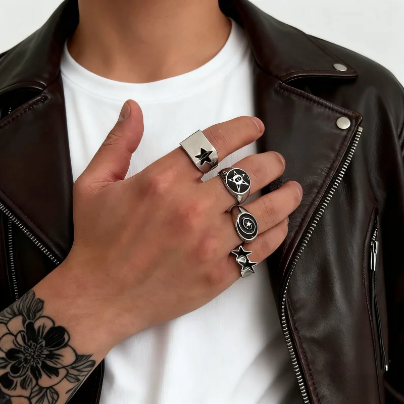 4 قطعة الشرير الأسود الخماسية نجمة خواتم واسعة للرجال النساء الهيب هوب هندسية سميكة افتتاح خواتم الاصبع مجموعات هدايا مجوهرات الحفلات #3