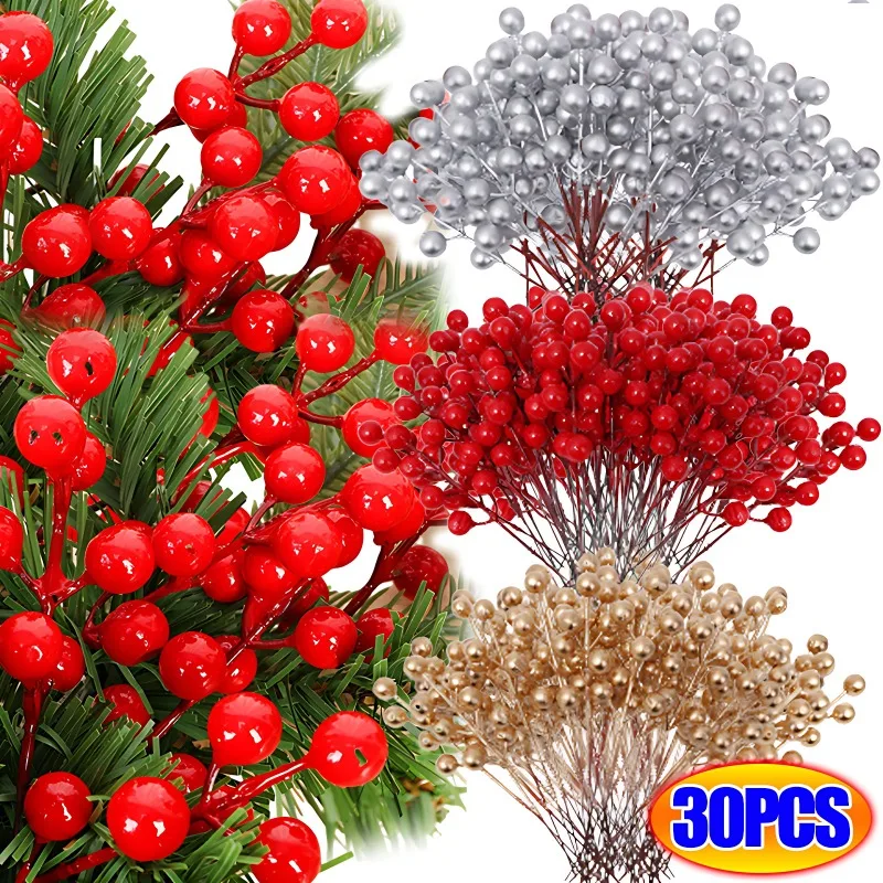 30-1pcs Artificial Red Berries Simulation Foam Berry Flower Plant Branch DIY Wreath Xmas Tree Ornament Wedding Home Decoration