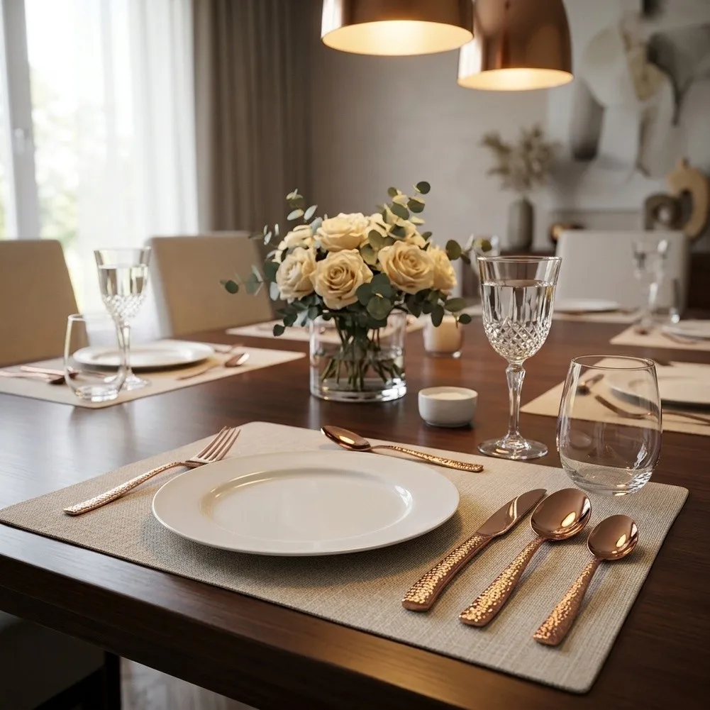 4 Piece Stainless Steel Utensils with Subtle Pink Gold Tone and Distinctive Hammered Handle for Formal Settings