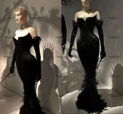 Black Sexy Mermaid Evening Formal Dresses customsized Long Sleeve Glove Stain Feather Sweetheart Pleated Arabic Prom Gown Dress