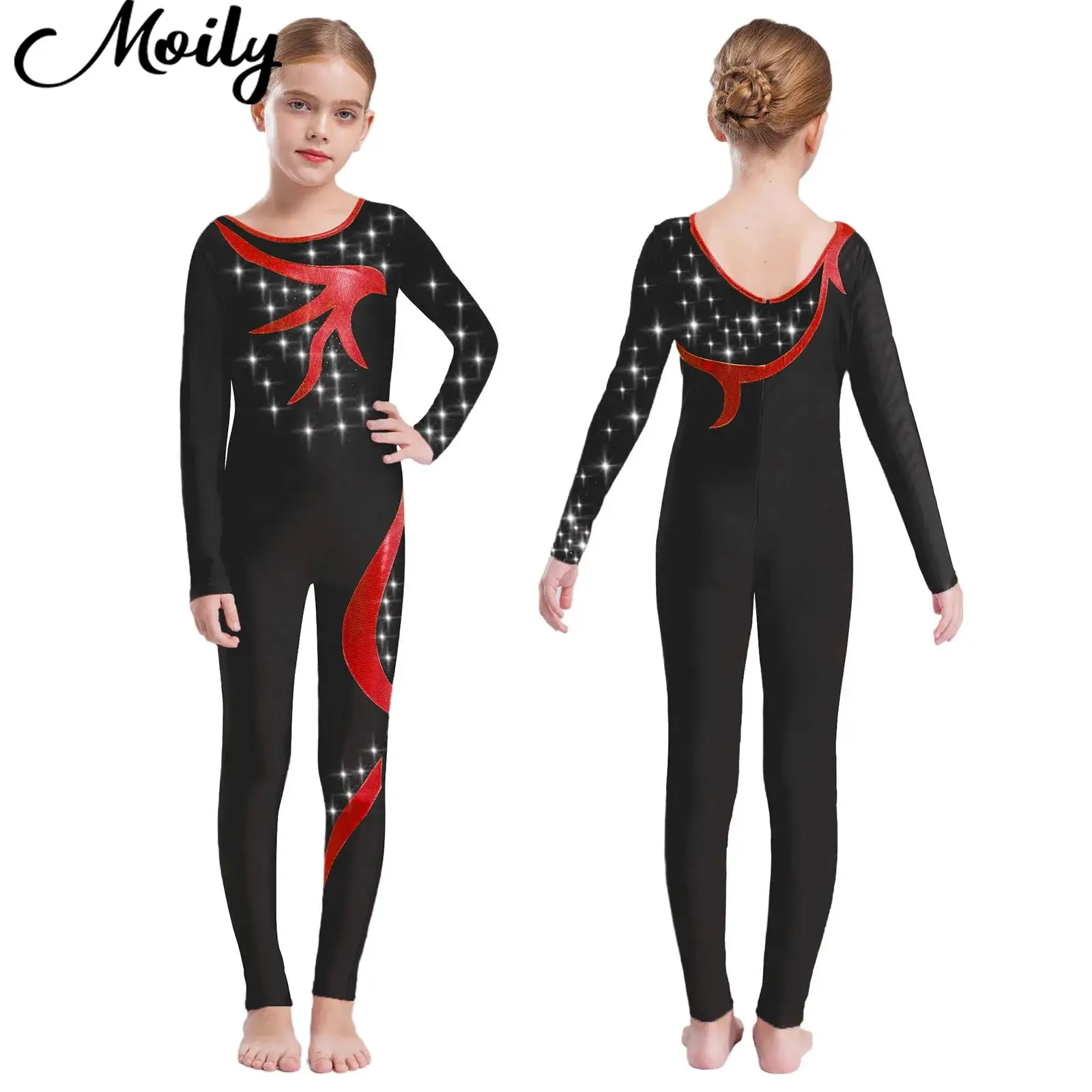 

Teen Girls Fancy Figure Skating Jumpsuit Ballet Gymnastics Leotard Long Sleeve Rhinestones Jumpsuit Bodysuit for Kid Performance