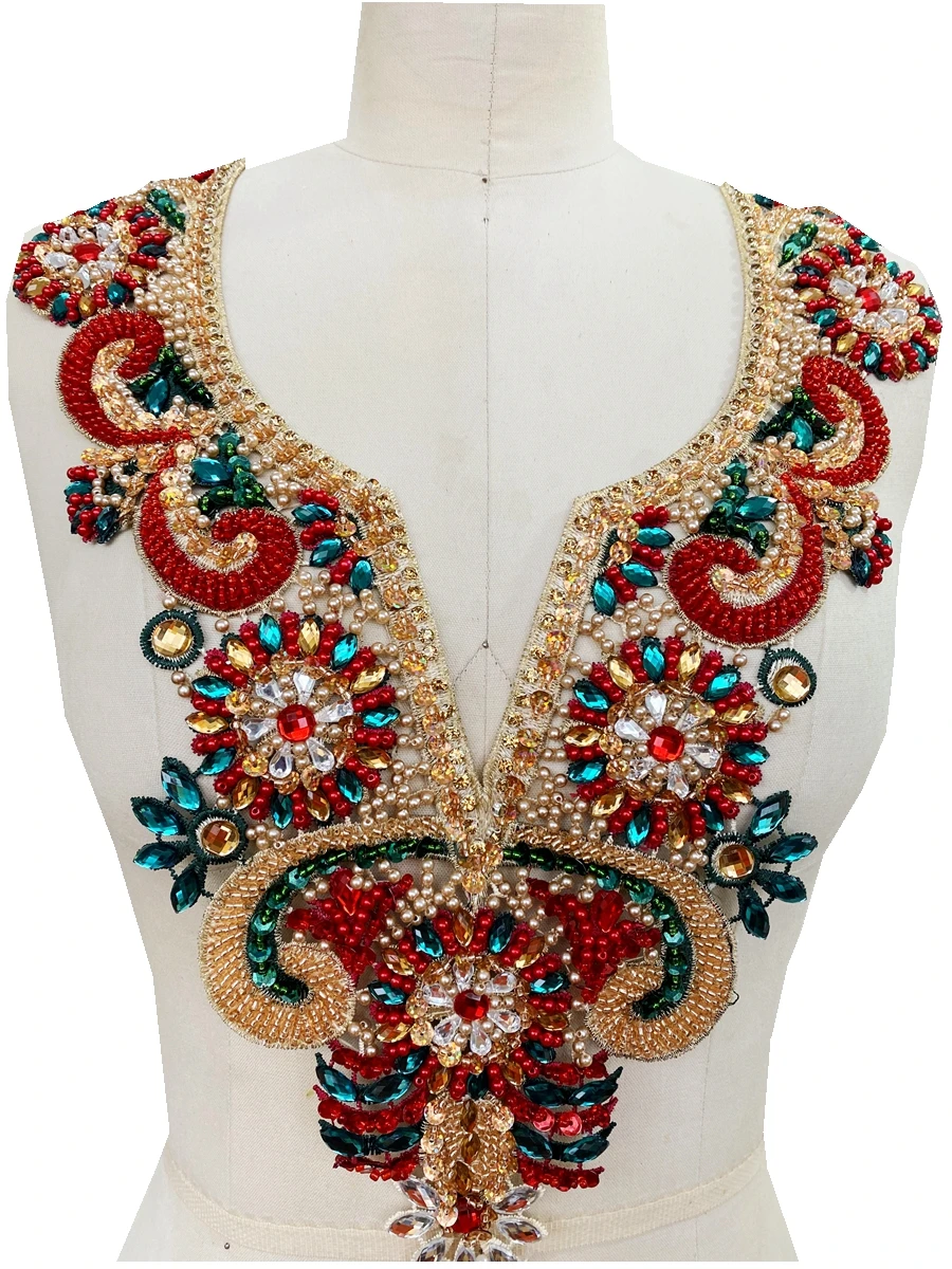 5 National Style V Neck Tulle Apparel Decoration Arabic Muslim Dress Fabric Luxury Handmade Sequin Crystal Hot Diamond Material