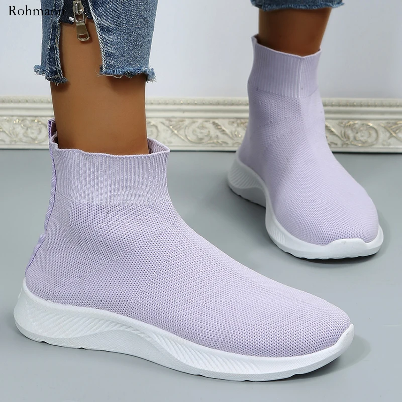 

High Top Breathable Knitted Flats Women 2024 Spring Non-Slip Casual Woman Thick Bottom Sock Shoes