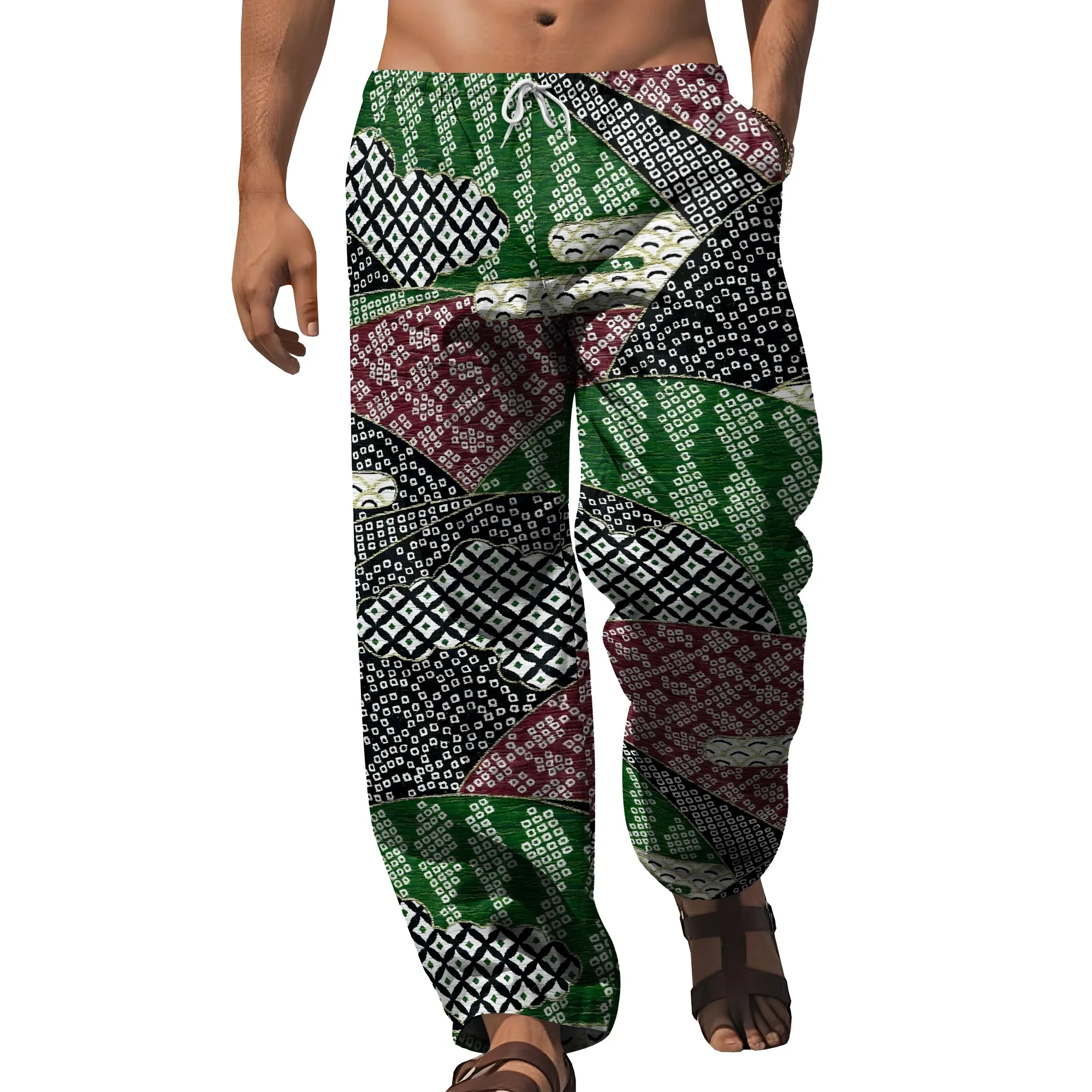 YEAE Geometric Patchwork Print Pants for Men Summer Casual Loose Drawstring Trousers