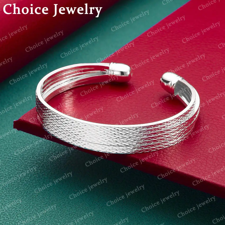 925 Sterling Silver Diamond Pattern Bangle Open Bracelet For Men Women Fashion Jewelry Classic Simple Party Accessories
