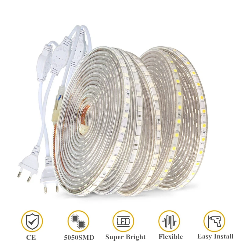 Tira de luces LED resistente al agua IP67, 220V, 60Led/m, 5050 SMD, RGB, iluminación blanca para piscina, cinta de diodo para jardín al aire libre, 1M-25M, enchufe europeo