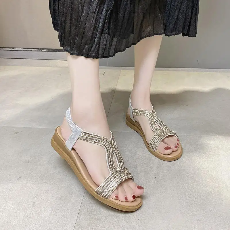 Summer Women Wedges Sandals Crystal Decoration Chunky Heel Peep Toe Back Strap Elastic Band Elegant Fashion Shoes Ladies Size 42