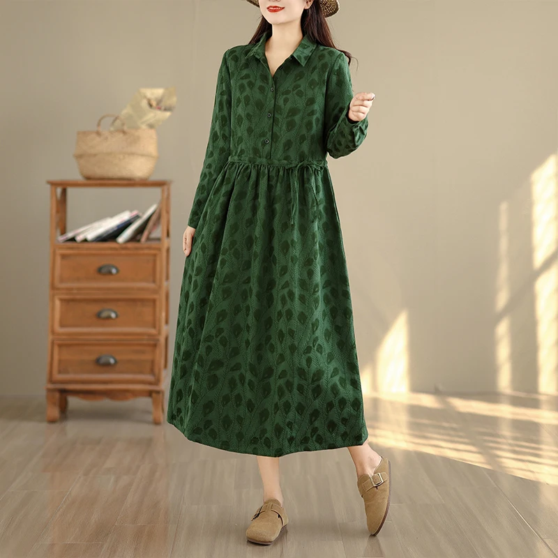 NYFS 2025 فساتين نسائية جديدة لخريف 2021 بأكمام طويلة فستان قميص من قماش الجاكار من القطن الخالص على شكل طاووس من ريش الطاووس