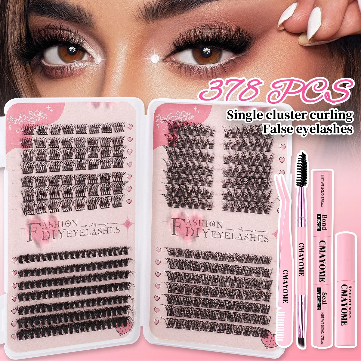 Lashes Clusters Extension Kit 378 Pcs DIY Individual Lash Cluster Natural Eyelash False Eyelashes Wispy Fluffy Bond and Remover