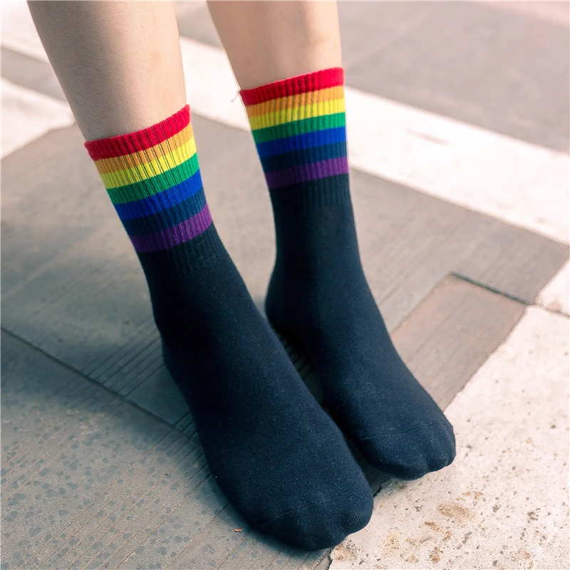 Women\'s Harajuku Rainbow Stripes White Black Cotton Socks Fashion Christmas Casual Tide Streetwear Dropship