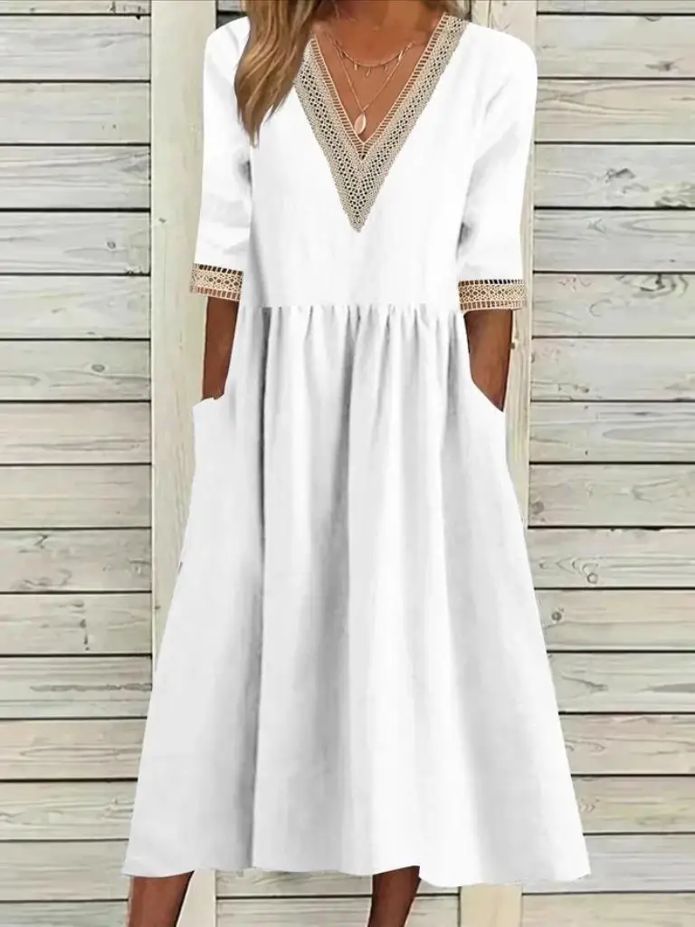 

Fashion Half Sleeve Cotton Linen Party Dress Women Summer Casual Loose Fitting Dress Women's Elegant V-neck Holiday Dress