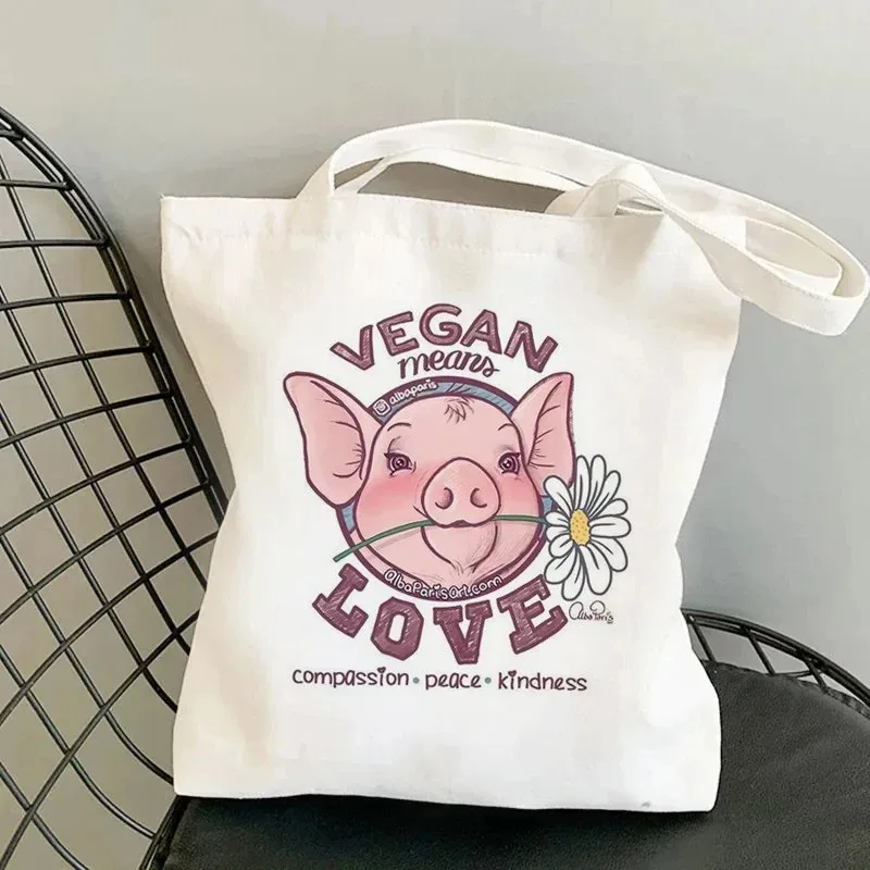 Bolso de hombro bonito con estampado de animales Simple, bolso de compras portátil de gran capacidad ecológico de lona, bolso de mano estético para cerdo y vaca
