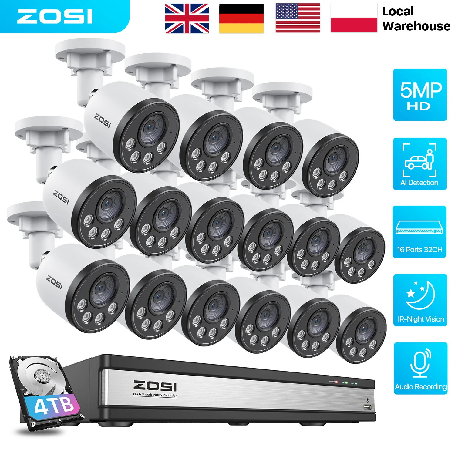 ZOSI 5MP 16CH PoE CCTV Video Surveillance System with Audio Outdoor Night Vision PoE Security IP Cameras 4TB for 24/7 Recording