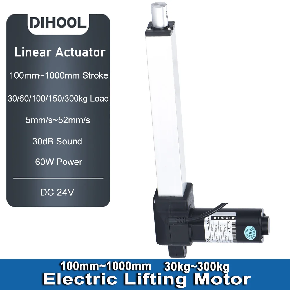 

Electric Lifting Motor 30kg~300kg Load 100mm~1500mm Stroke DC 24V 5mm/s~52mm/s Linear Actuator for RV/Solar System/Door Opener