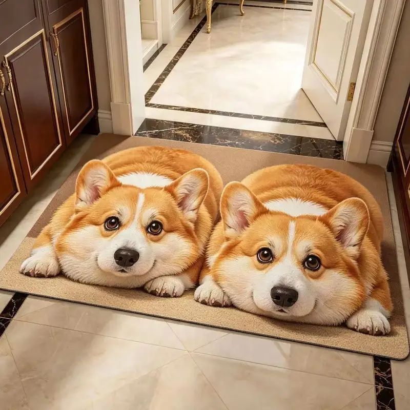VIKAMA Corgi Dog Door Mat Two Corgi Puppy Print Entryway Mat Non Slip Cute Kawaii Pet Lover Cozy Indoor Aesthetic Home Decor