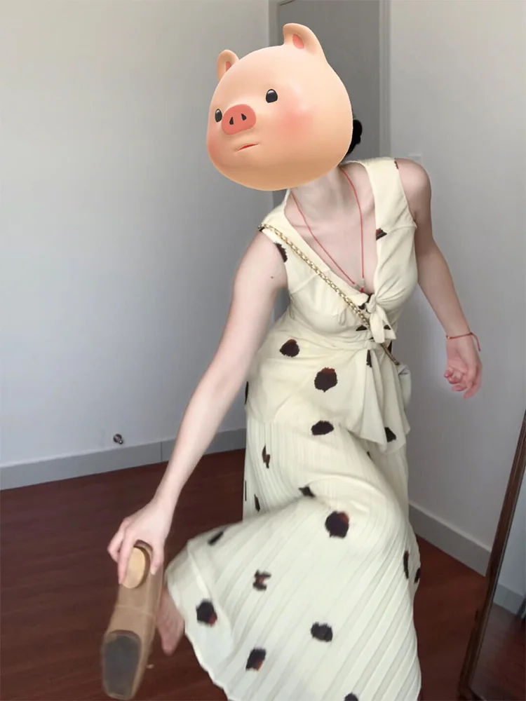 

Retro Gentle Sle Women's Summer Design Polka Dot ter Top And Midi Skirt Two-Piece Set V-Ne Svel Faion Ensemble