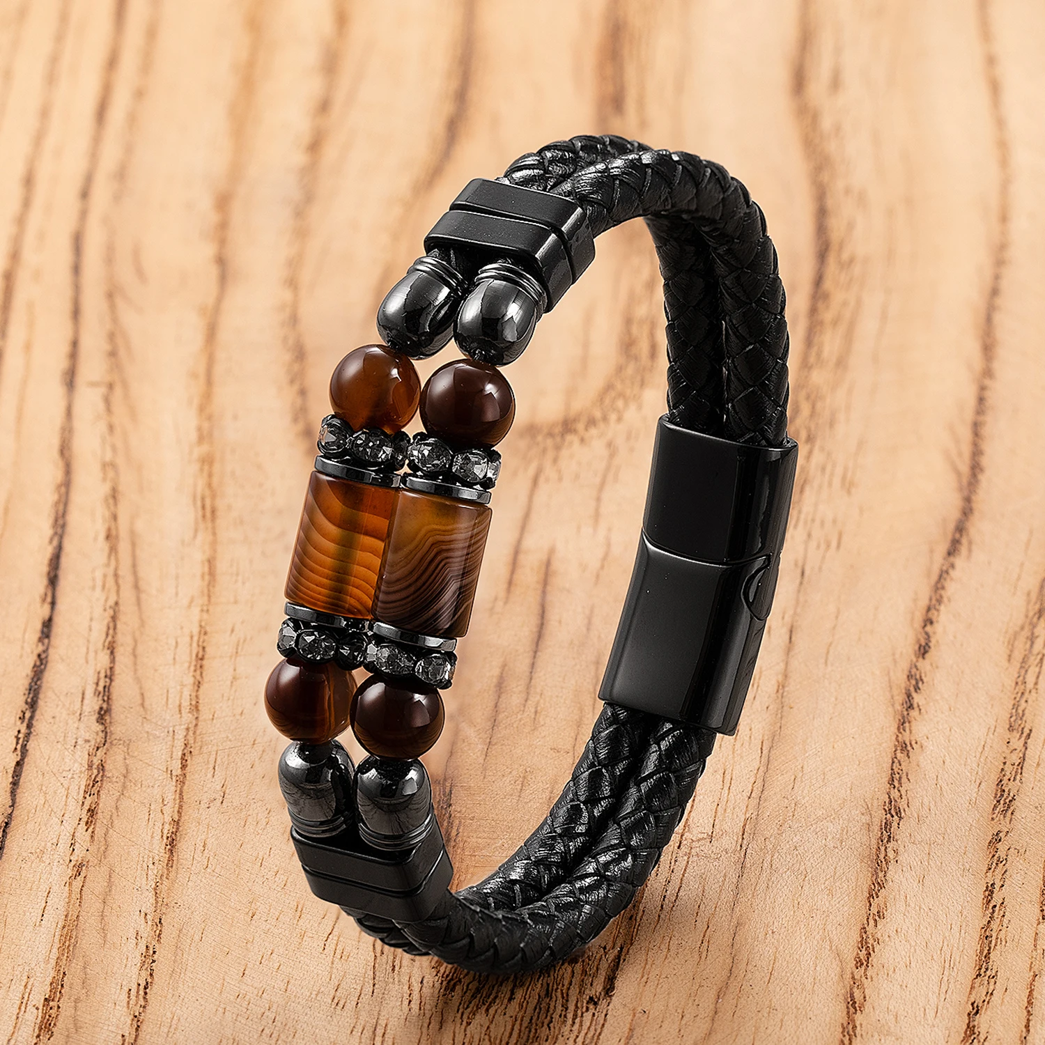 Natural Agate Tiger Eye Stone Bracelets Men\'s Jewelry Braided Leather Handmade Male Bangles 2024 New Stainless Steel Jewelry