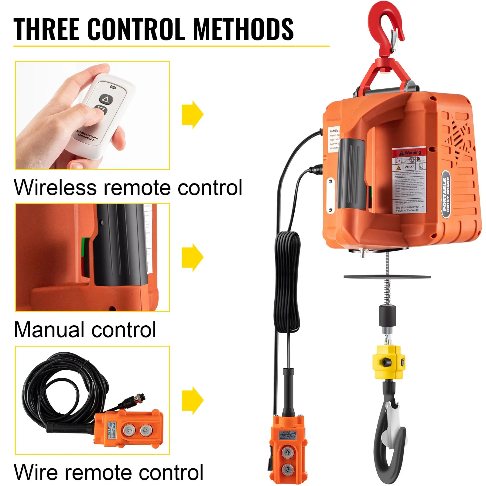 3-in-1 Electric Hoist Winch 500kg Portable Electric Winch, 1500W Power Winch Crane, 25ft Lifting Height, w/Wire and Wireless