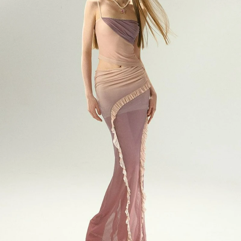 

Sexy Mesh Halter Figure-hugging Spicy Girl Fishtail Skirt for Women New Spring/Summer 2026 Fashionable Pink Purple Gradient Set