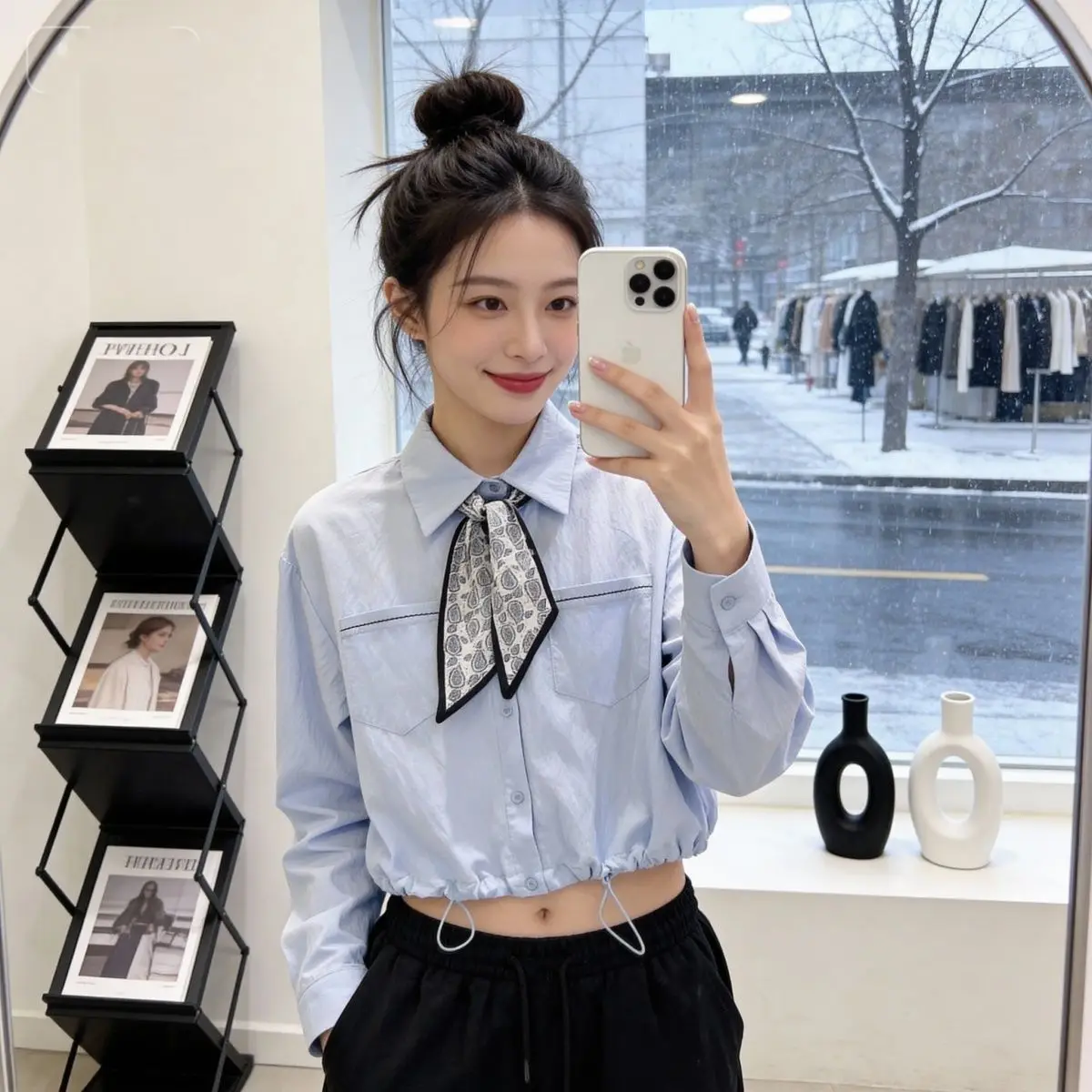

Korean Sle Long Sve irt Women's ort Top Collar Faionable Spring Autumn Lightweight Luxury Faion Scarf