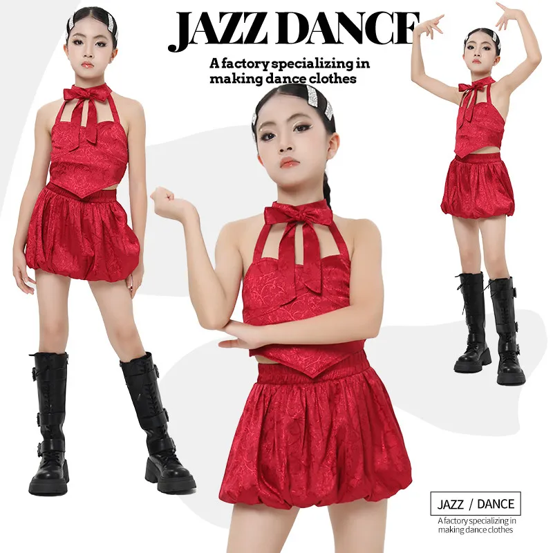 

2026 Красные наряды в китайском стиле для девочек, сценические костюмы для джазовых танцев, детская одежда для хип-хоп танцев DQS22722