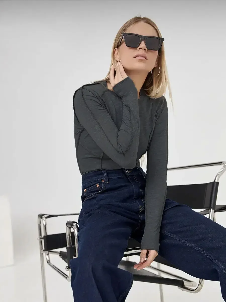 Frühling Sommer Splice Slim Fit Langarm Frauen T-shirt Mode Chic Hälfte Rollkragen Grundlegende T Shirt Streetwear T-shirts