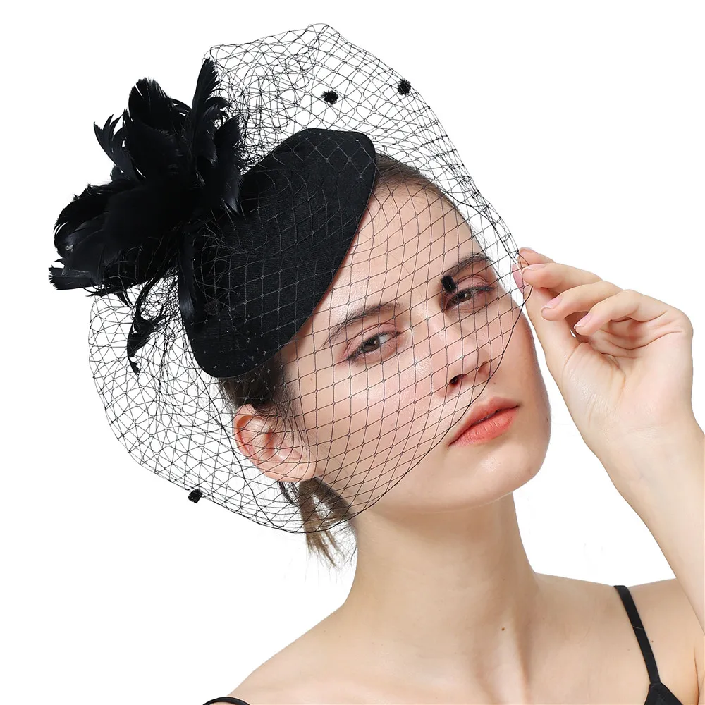 Women Black Fascinator Veils Hat With Clip Phillbox Feather Hair Clip Cocktail Tea Party Hair Accessories Ladies Net Headwear