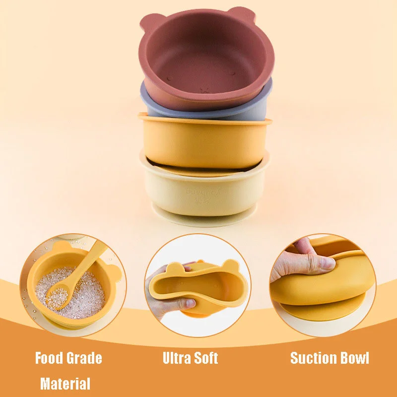 Baby Food Dishes BPA Free Silicone Children's Tableware Non-Slip Cartoon Bear Toddlers Self Train Feeding Bowl Plate Baby Stuff