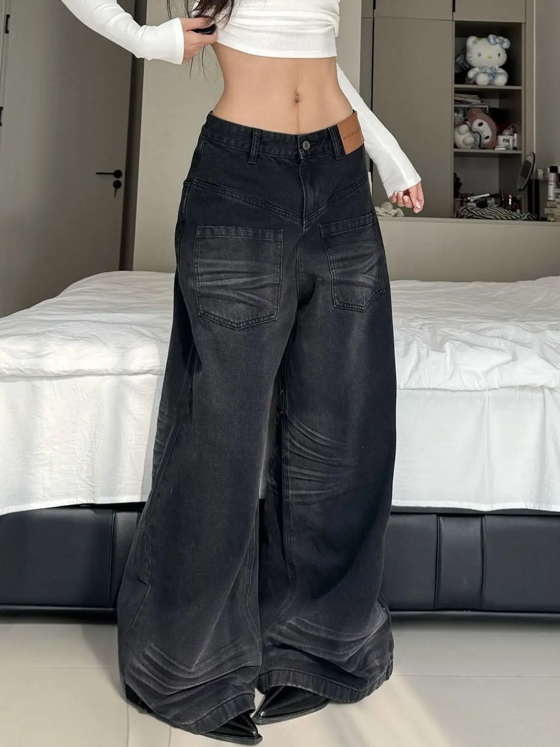 

American Retro Plus Washed Distressed Reverse Design Jeans For Women'S Street Straight Leg Loose Wide Leg Pants