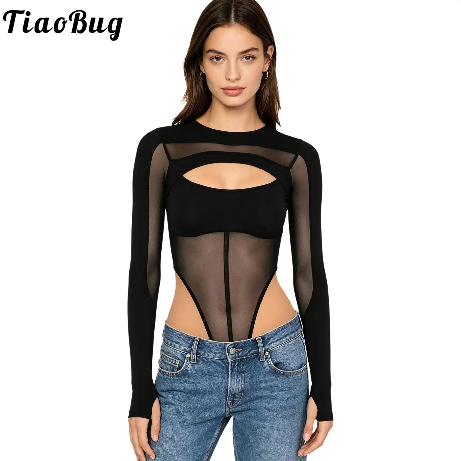 

Women Chic Sheer Mesh Bodysuit Patchwork Cutout Leotards High Cut Buttoned Crotch Skinny Jumpsuit for Party Nightclub Streetwear