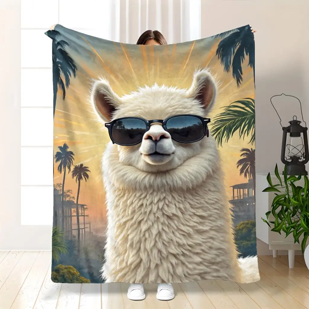 Funny Alpaca Face Sunglasses Throw Blanket Boho Tropical Sunset Animal Lover Gift Home Decor