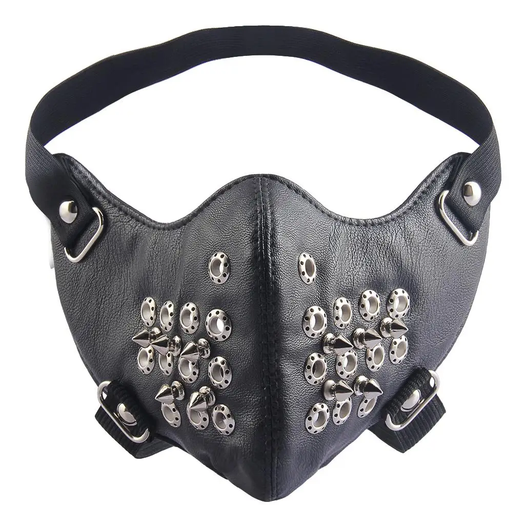 Biker PU Leather Gothic Half Face Mask Dust Proof Alloy Masquerade Mask for Motorcycle Riding Halloween Cosplay Events
