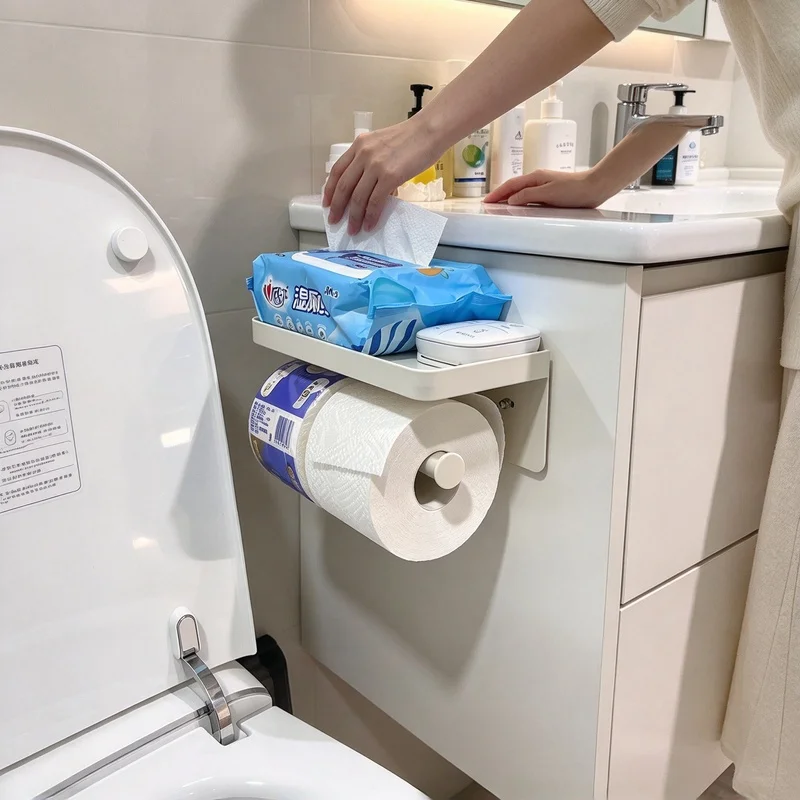 Multifunctional Wall Mounted Aluminum Toilet Paper Holder with Storage Shelf, Bathroom Tissue Roll Organizer