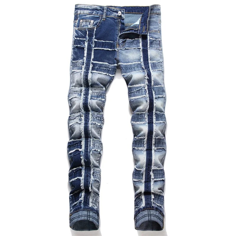 

Patchwork skinny jeans men's motorcycle style fashion street slim fit nostalgic retro design blue punk trousers