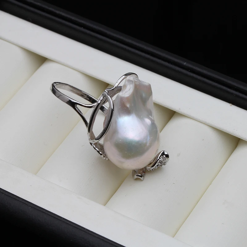 Real Freshwater Natural Baroque Large Pearl Ring,Wedding Adjustable Pearl Ring Sterling Silver White Wife Mother Birthday Gifts