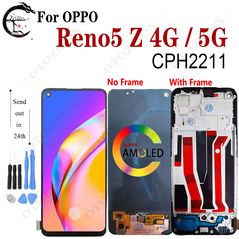 Super AMOLED LCD Z ramką na wyświetlacz OPPO Reno5 Z CPH2211 Reno5Z 4G 5G ekran dotykowy Digitizer zespół Reno 5Z LCD