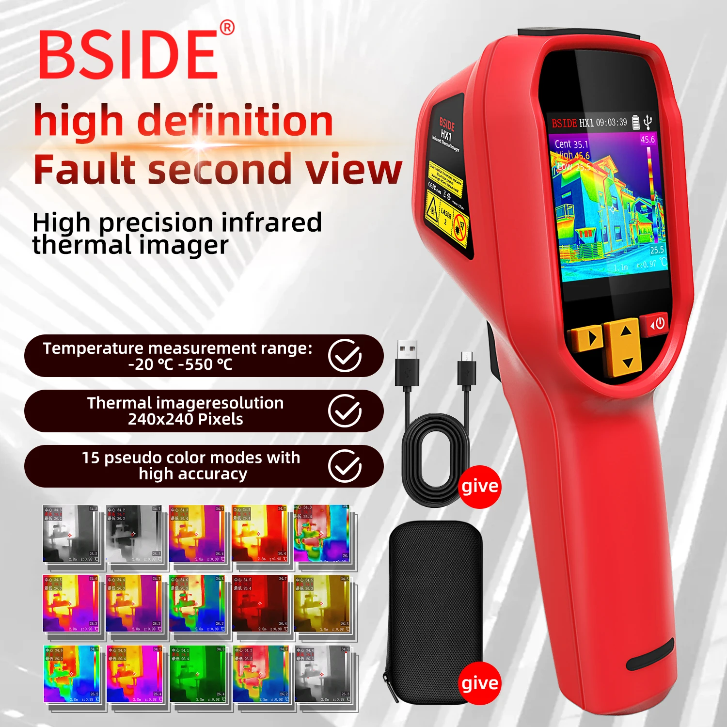 BSIDE HX1 Handheld Thermal Imaging Camera PC Analysis Software Industrial Tester -20~550C 15 color palettes 240×240IR resolutio