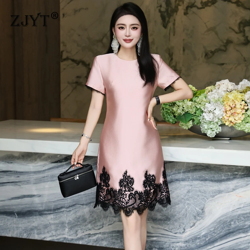 

ZJYT Summer Fashion Women's Lace Patchwork Dress Elegant Short Sleeve Simple Knee Length Party Office Dresses Female Vestidos