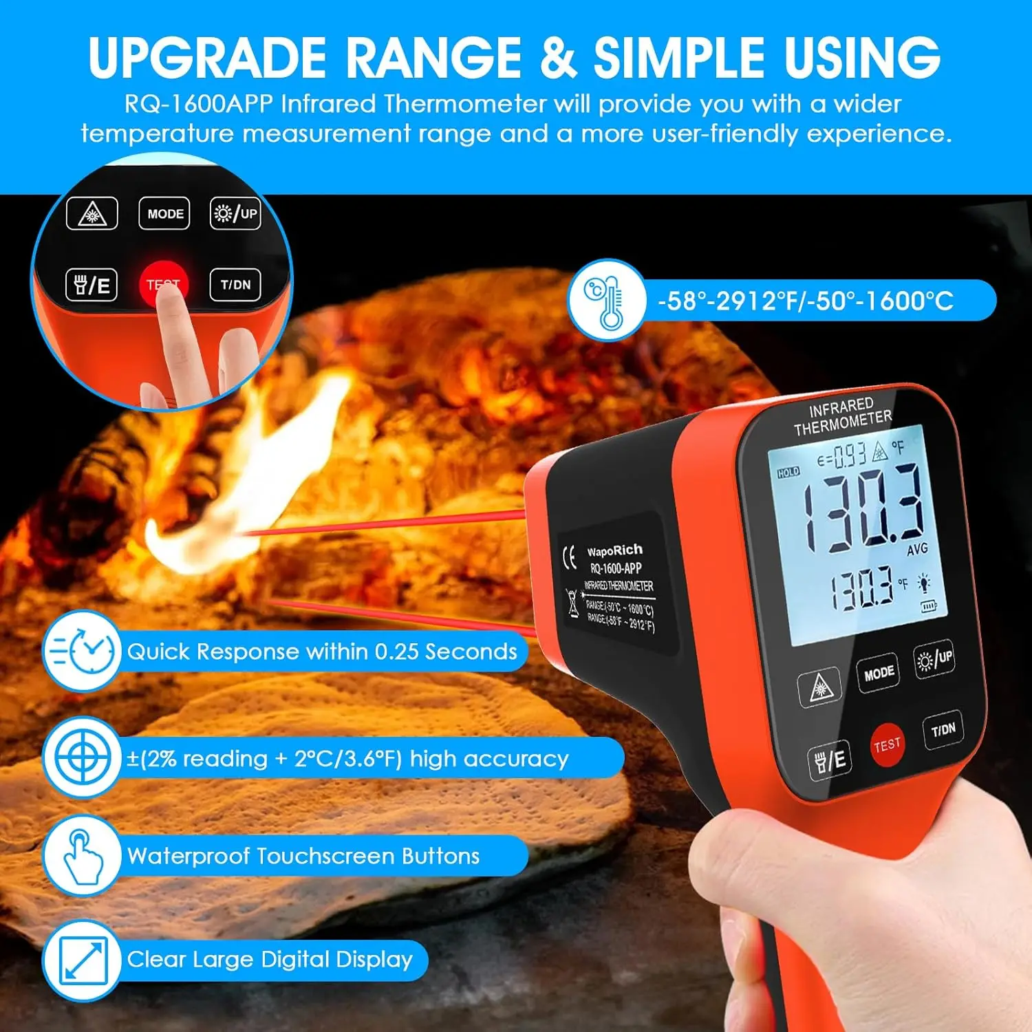 BT-1600APP Non-Contact Bluetooth Infrared Thermometer Gun, -50~1600℃, DS 30:1, for Industrial Use: Cooking, Pizza, Oven, Forge