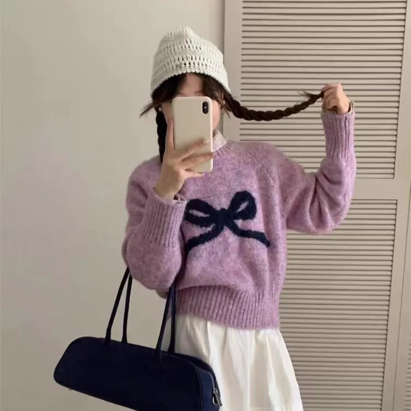 Cute  Knot round Ne Pullover Sweater Women's Spring Autumn Loose ort Knitted Top Comfortable Breathable Casual