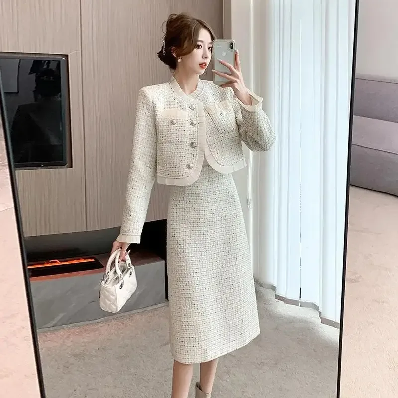 

Woman's Winter Small Fragrance Tweed Short Suit Blazer Skirt Set Retro Contrast Round Neck Jacket Overskirt Two-piece Sets Women